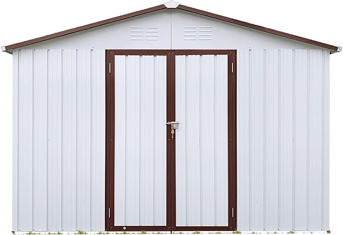 Sheds & Outdoor Storage 12 ft × 10 ft Storage Shed Large Classic Apex Roof Metal Garden Storage Sheds with Hinged Door Tool Cabinet for Backyard, Patio, Poolside, White + Coffee