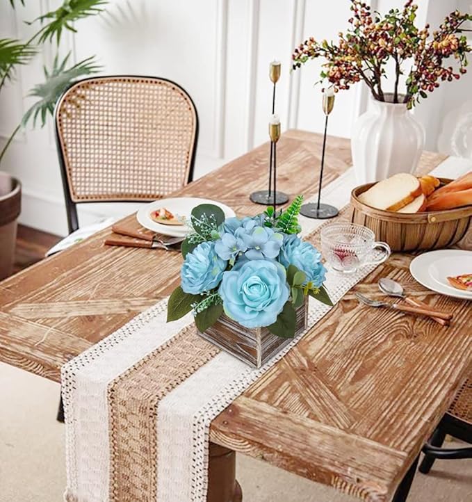 DILATATA Flower Arrangement with Wooden Vase 8" Artificial Flowers in Pot - Fake Flowers Roses Peonies Hydrangeas in Wooden Vase Potted Flower Centerpieces for Table Decor Living Room - Dusty Blue