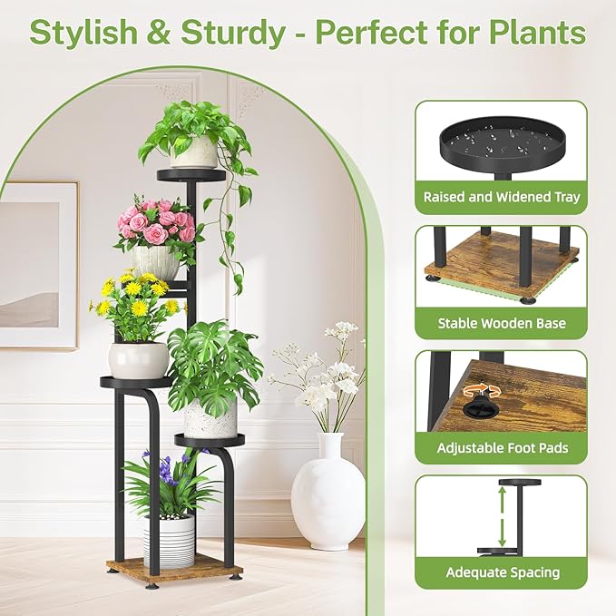 iDavosic.ly Tall Plant Stand Indoor, 4 Tier Corner Multiple Flower Holder Shelf with Metal Trays, Space Saving Display Rack for Living Room Balcony Patio Porch Outdoor | Black & Brown