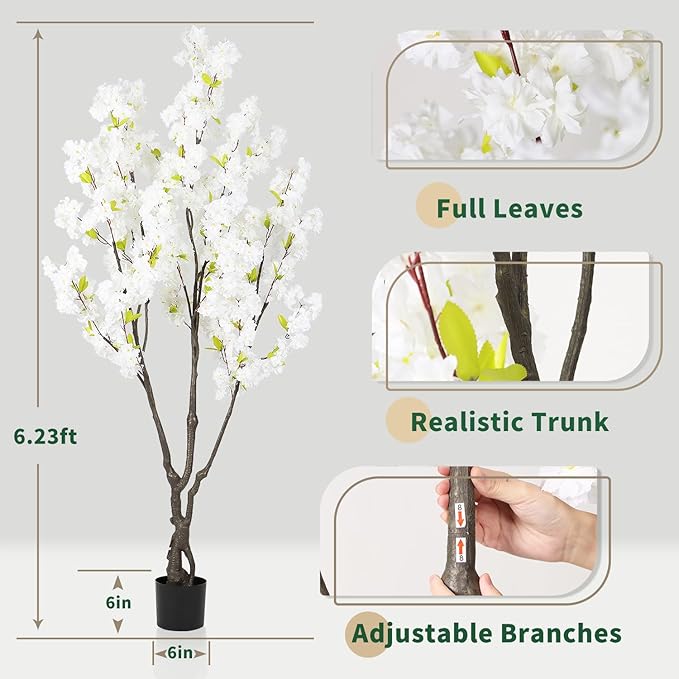 Artificial White Cherry Blossom Tree 6ft(72in) Faux White Flower Tree Indoor Decor Handmade Natural Fake Cherry Tree for Wedding Realistic Cherry Blossom Plant for Home,Living Room,Office Decor