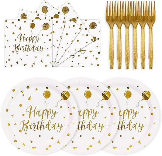 75PCS Happy Birthday Paper Plates - 7 Inch White Gold Dot Paper Plates and 6.5 Inch Napkins with 6.3 Inch Forks Disposable Tableware Set for Birthday Party Decorations, Serves 25