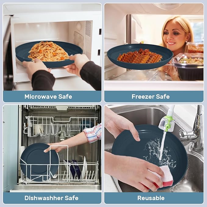 Wheat Straw Dinnerware Sets - SGAOFIEE 36 Piece Unbreakable Dinnerware Sets, Reusable Wheat Straw Plates and Bowls Sets, Travel Camping Cutlery Set, Dishwasher Microwave Safe Dinnerware-Blue