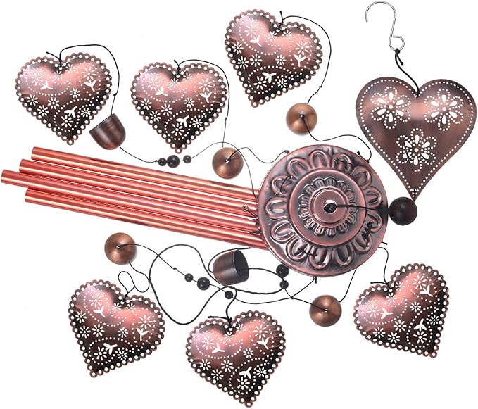 Loving Heart Wind Chimes Outdoor Indoor Decor - with 4 Aluminum Tubes 6 Bells 7 Hearts Mobile Romantic Wind Catcher Heart Shaped Windchimes for Home, Mom Gifts, Balcony, Festival, Garden Decoration