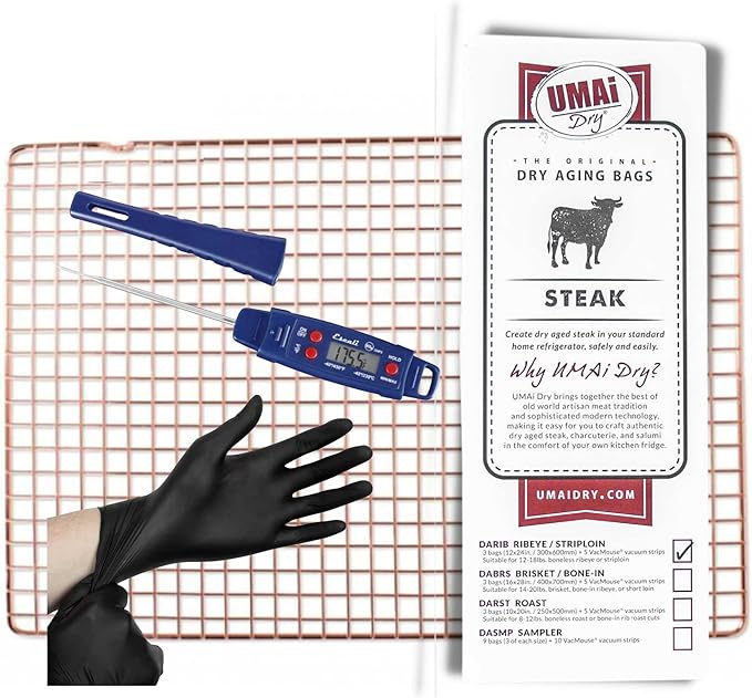 UMAi Dry Grill Master Gift Set – Dry Aging Kit with Copper Rack, Digital Meat Thermometer, 3 Ribeye & Striploin Dry Age Bags, Meat Crafting Gloves, and Zip Ties for Steak Lovers and Home Grilling