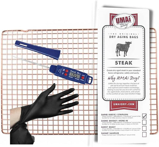 UMAi Dry Grill Master Gift Set – Dry Aging Kit with Copper Rack, Digital Meat Thermometer, 3 Ribeye & Striploin Dry Age Bags, Meat Crafting Gloves, and Zip Ties for Steak Lovers and Home Grilling