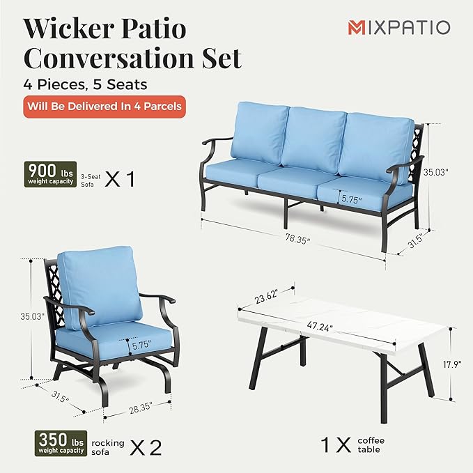 Patio Furniture Set 4 pcs, Outdoor Patio Furniture, 3-Seat Sofa, 2 Rocking Chairs, Metal Coffee Table and 5.75" Extra Thick Cushion, Patio Conversation Set for Garden Backyard Deck,Blue