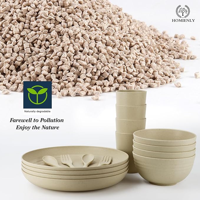 Homienly Wheat Straw Dinnerware Sets, 20pcs Lightweight Unbreakable Dinnerware, Microwave Dishwasher Safe Bowls Cups Forks Spoons set,Perfect for Camping Outdoor, Beige