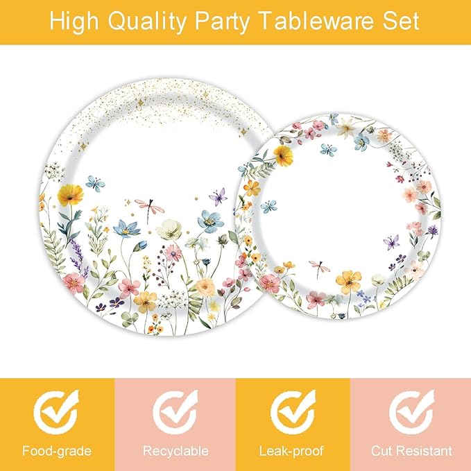 96 Pcs Wildflower Party Supplies Paper Plates and Napkins Disposable Spring Floral Baby Shower Birthday Tableware Decorations for Spring Summer Picnic Wedding Tea Party, Serve 24 Guests