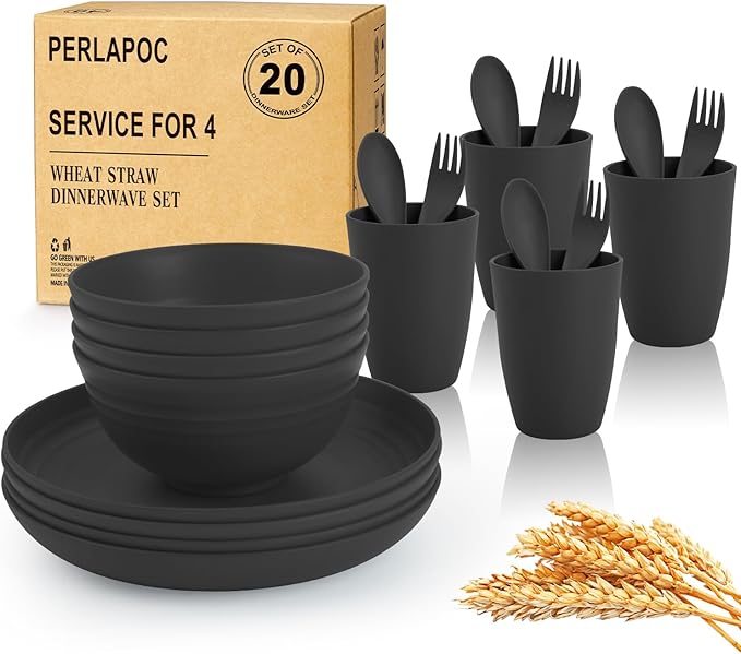 Wheat Straw Dinnerware Sets, Unbreakable Plates and Bowls Sets 20-Piece Service for 4，Plastic Outdoor Camping Dishes, Microwave & Dishwasher Safe - Black