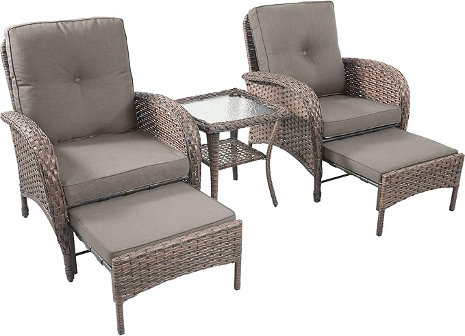 Rilyson 5 Piece Patio Furniture Set - Wicker Balcony Furniture Set with Hidden Ottomans, Rattan Outdoor Patio Chairs with Side Table for Porch Deck Poolside Garden Brown/Grey