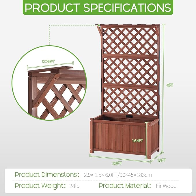 SPECRAFT 2 Pack Wood Planter with Trellis, 35.4x17.7x72 Inch Raised Garden Bed, 1.6Ft Deep Large Planter Box for Outdoor Gardening, Vegetables, and Climbing Plants