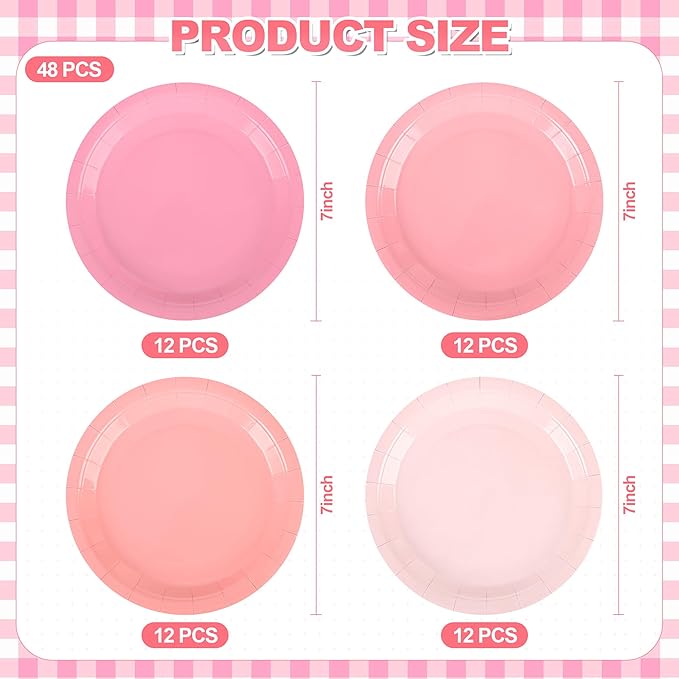 Pink Paper Plates Gradient Pink Party Plates 7” Disposable Round Dessert Plates for Birthday Wedding Bridal Engagement Baby Shower Party Supplies 4 Colors (48)