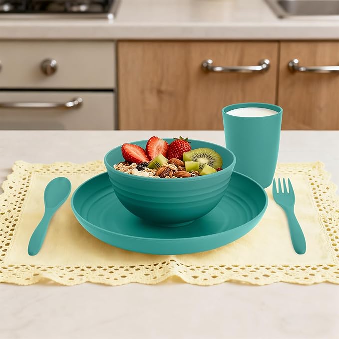 Wheat Straw Dinnerware Sets for 4, Unbreakable & Lightweight Plates and Bowls Sets, Travel Camping Cutlery Set, Dishwasher Microwave Safe 20-Piece Dinnerware - Dark Green