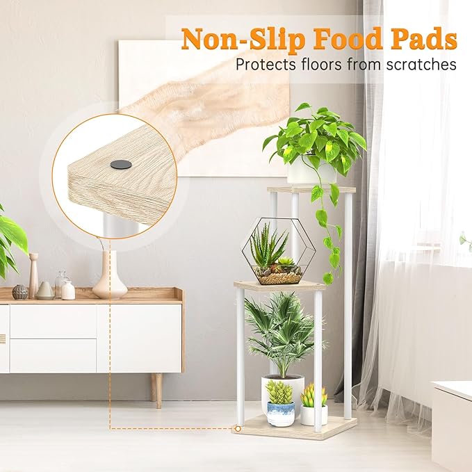 3 Tier Plant Stand Indoor Outdoor, Metal Wood Tiered Corner Plant Stands Pot Holder, Wood Flower Shelf Orchid Display Rack for Living Room Bedroom Balcony Garden Patio, Modern White