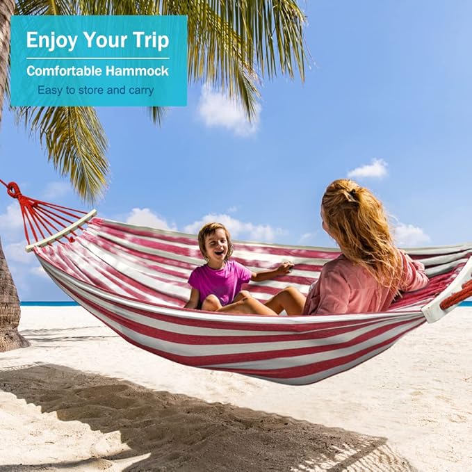 MOSFiATA Hammocks Portable Camping Hammock Upgraded 550lb Thickened Fabric Single Hammocks with Two Anti Roll Balance Beam and Tree Straps for Camping, Patio, Backyard, Outdoor(Red White)