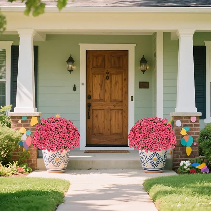 14 Bundles Artificial Flowers UV Resistant for Patio Outdoors Fake Faux Silk Plants Realistic Plastic Flowers Indoors Porch Window Home Decoration (14, Fuchsia)