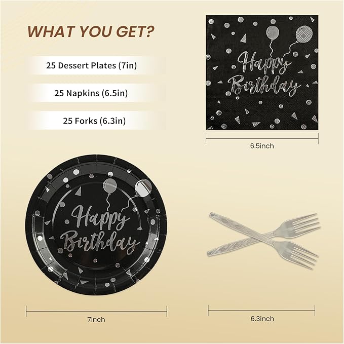 75PCS Happy Birthday Paper Plates - 7 Inch Black Sliver Dot Paper Plates and 6.5 Inch Napkins with 6.3 Inch Sliver Forks Disposable Tableware Set for Birthday Party Decorations, Serve 25