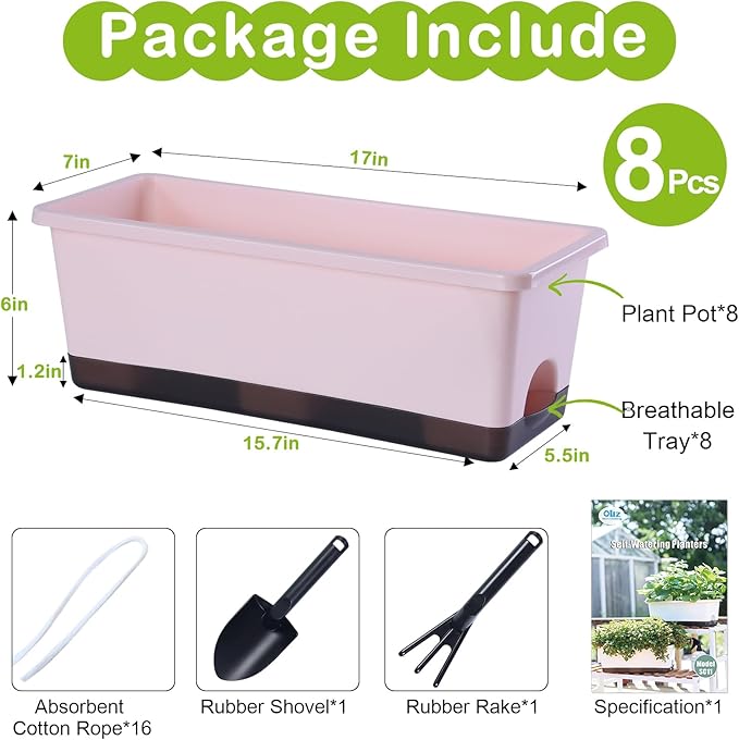 Window Box Planter 8 Pcs, 17 Inches Rectangle Flower Pots with Drainage Holes and Trays, Vegetable Planters for Windowsill Patio Garden Balcony Home Porch Yard Indoor Outdoor (Pink)