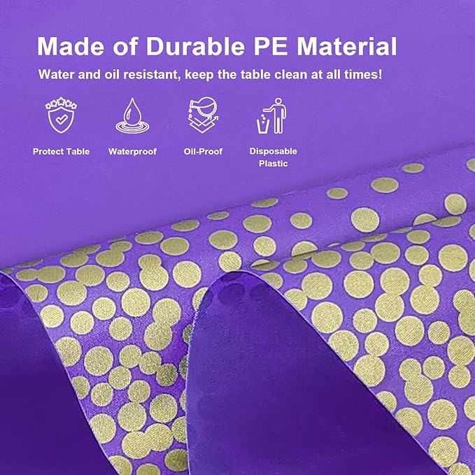 2 Pack Purple and Gold Dot Tablecloth, Purple Plastic Table Cloths for Parties Disposable, 54x108 in Waterproof Rectangular Camping Tablecloth for Birthday Party Graduation Picnic
