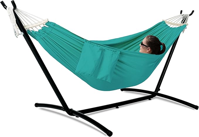 Double Hammock with Stand for Outside, Upgraded Spreader Bar, Heavy Duty Space Saving Steel Stand 2 Person, Side Pockets, Easy Assembly, 600lbs Weight Capacity, Indoor & Outdoor (Aqua Blue)