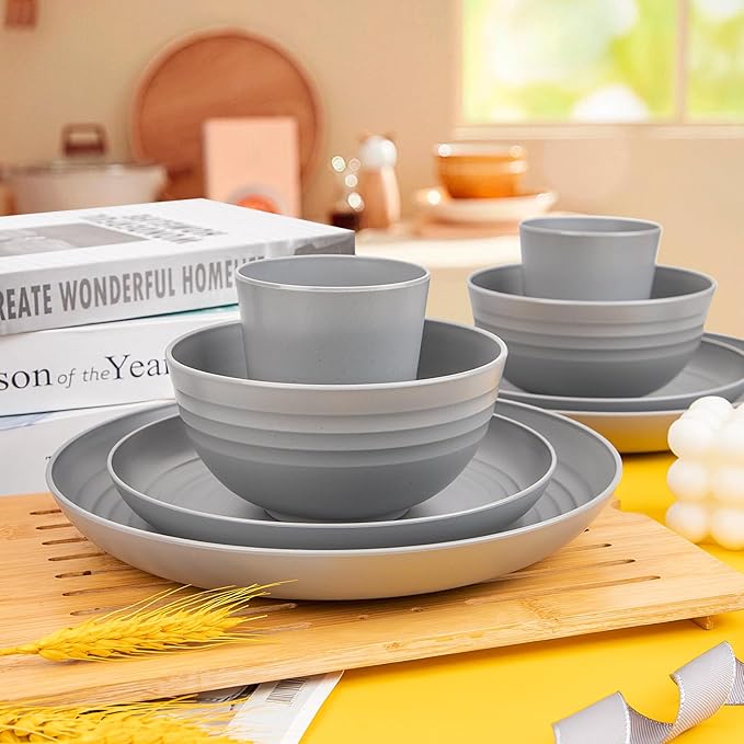 LIYH 48 Pcs Grey Plastic Wheat Straw Dinnerware Set - Plates and Bowls Sets, Camping Dish Set for 12, Unbreakable Dishwasher Safe Wheat Straw Plates Bowls Reusable 12 Guests
