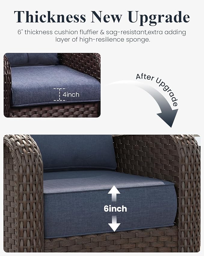 LayinSun 5 Piece Wicker Outdoor Furniture Set with 6-inch Comfy Cushions, High Back Patio Furniture Set with Swivel Rocking Chairs and Fire Pit Table