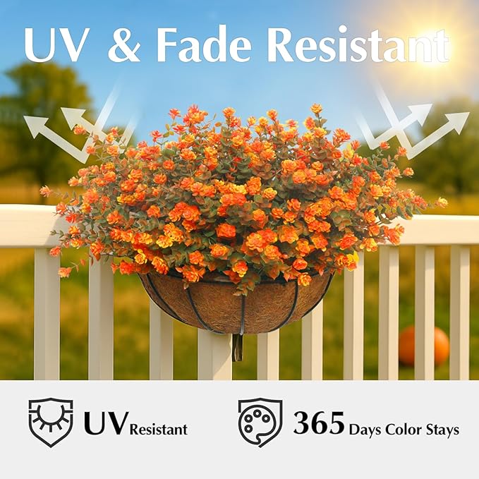 Artificial Mums for Outdoors, 12 Bundles Faux Mums for Outdoor Fall Planters,Uv Resistant Eucalyptus Artificial Fake Flowers Plants, Realistic Fall Decor for Porch, Patio, Yard (Fall Orange)