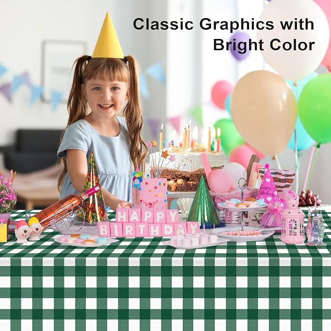 3 Pack Dark Green and White Checkered Tablecloth, Plastic Table Cloths for Parties Disposable, 54x108 in Waterproof Rectangular Gingham Camping Tablecloth for Birthday, Party, Baby Shower