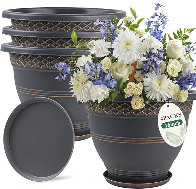 4 Pack 16 Inch Large Plant Pots, Plastic Flower Pot for Indoor & Outdoor with Drainage Holes & Saucer, Plaid Pattern Planters Garden Pots for Herbs Gold