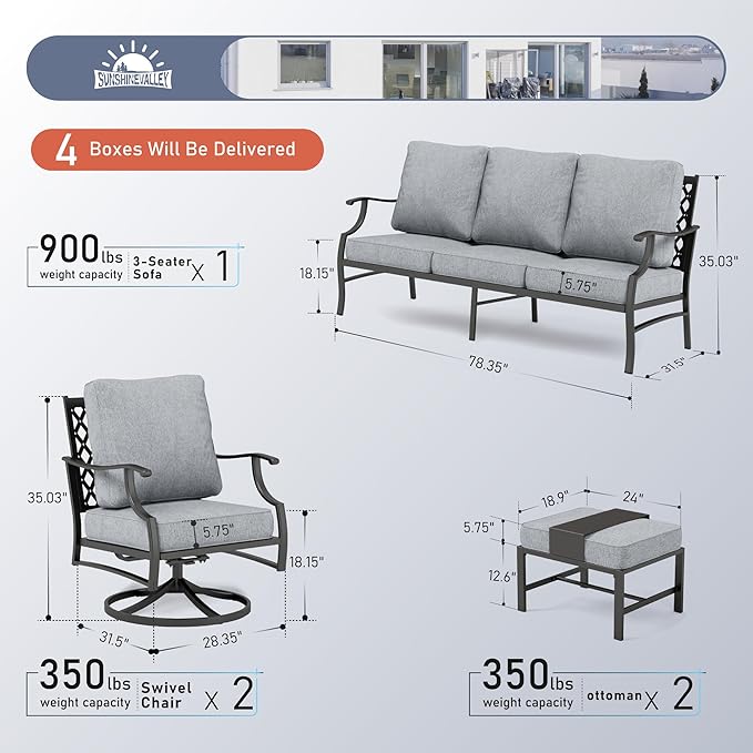 5 Piece Metal Outdoor Patio Furniture Sets, Patio Conversation Sets 1 3-Seater Sofa, 2 Swivel Chairs, 2 Ottomans with 5.75" Thick Cushion, Black All-Weather Backyard Furniture, Gray