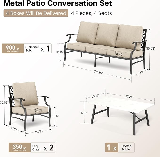 Patio Furniture Set, 4 Piece Modern Metal Outdoor Patio Furniture, 3 Seater Couch, 2 Fixed Chairs, Coffee Table and 5.75" Extra Thick Cushion, Patio Conversation Set for Backyard Deck