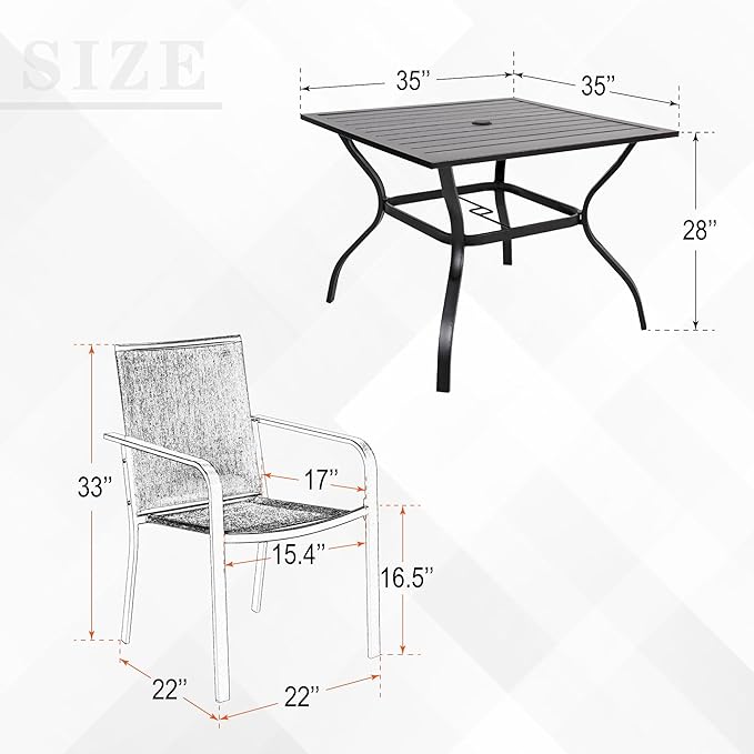 5-Piece Patio Dining Set, 35-Inch Square Outdoor Table with 4 Stackable Mesh Chairs, Black Metal All Weather Frame Set