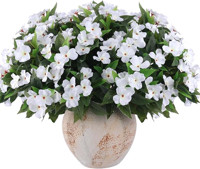Artificial Flowers for Outdoors Silk Impatiens Flowers Faux Flowers Impatien Bushes Artificial Impatiens for Pot Patio Lawn Garden Hanging Basket Porch Decor (8, White)