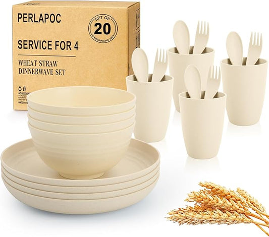 Kitchen Wheat Straw Dinnerware Sets for 4, Unbreakable Dish Set 20-Piece - Dinner Plate/Cereal Bowl/Cup/Fork/Spoon, for Outdoor Camping, RV, Apartment Essentials - Beige