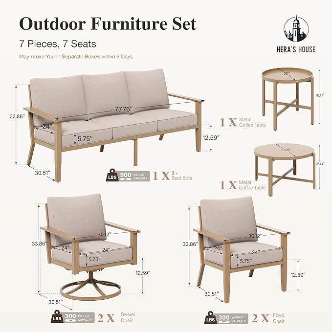 HERA'S HOUSE Patio Furniture Set 7-Piece, Metal Outdoor Conversation Set with Wood Grain Finish, 2 x Leg Chair, 2 x Swivel Chair, 1 x 3-Seat Sofa, 2 x Multi-Functional Coffee Table Garden Deck Lawn