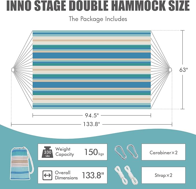 INNO STAGE 2 Persons Hammock with Tree Straps - Brazilian Double Hammock, Portable Hanging Camping Bed for Patio, Backyard, Porch, Outdoor and Indoor Use Soft Cotton Carrying Bag, Blue, XX-Large