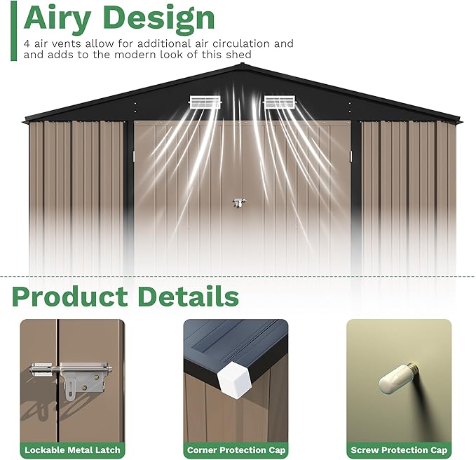 Patiowell 10x14 FT Outdoor Storage Shed, Large Metal Garden Shed with Lockable Door and Sloping Roof, Outside Steel Utility Tool Sheds for Backyard Lawn Garden Patio, Brown