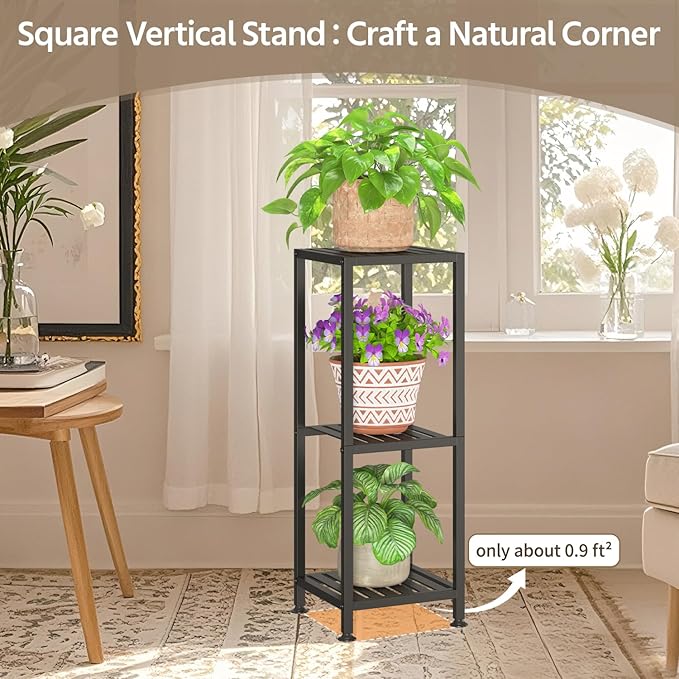 LASZOLA 3 Tier Black Metal Plant Stand Indoor Outdoor for Large Planter, Modern Heavy Duty Tall Rack for Corner House Bathroom Patio Floor, Iron Flower Shelf Holder for Orchid Fern