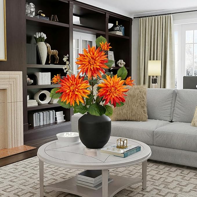 Hollyone 3Pcs Orange Fake Dahlia Flowers Fall Flowers Artificial for Decoration Silk Flower with Long Stem 28" Floral Arrangements Bouquets Autumn Faux Dahlias Centerpieces Fall Decorations for Home