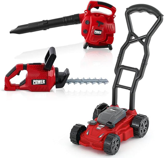 3 Pcs Toy Gardening Tool Set for Kids Toy Leaf Blower Hedge Trimmer Push Lawn Mower Pretend Play Set with Lights and Sounds Birthday for Boys Girls