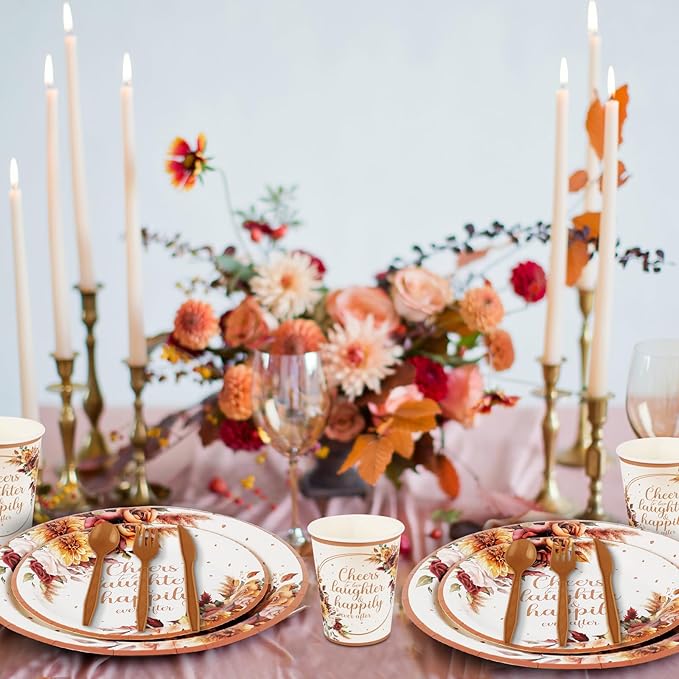 350 Pcs Boho Fall Wedding Bridal Shower Paper Plate Autumn Vintage Rose Pampas Grass Disposable Tableware Set With Knives Fork Cheers to Love Bachelorette Party Favor for 50 Guest