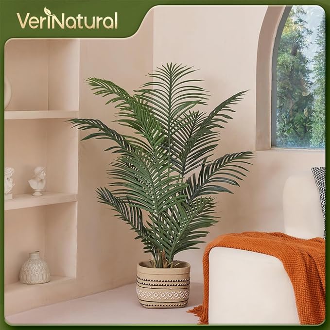 Artificial Palm Tree, 4FT Tall Fake Palm Trees with UV Resistant Leaves, Potted Faux Areca Palm Plant for Indoor Outdoor, Large Floor Plants for Home Living Room Porch Decor, 2Pcs - VN125