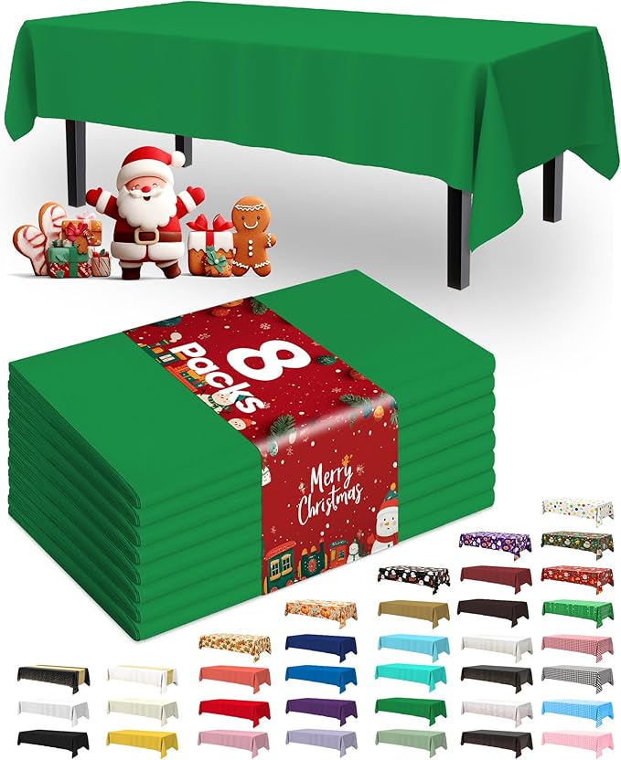 Pureegg Plastic Table Cloth Disposable 8 Pack, 54 x 108 Inch Table Cloths, St Patricks Day, Christmas Decorations, Tablecloths, Rectangle, Forest, Emerald, Plastic Cover, Leakproof & Sturdy, Green