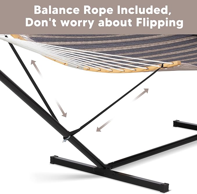 SUNCREAT Hammocks for Outside with Stand Included, Double Hammock with Curved Spreader Bar, Carrying Bag, Gray Stripes