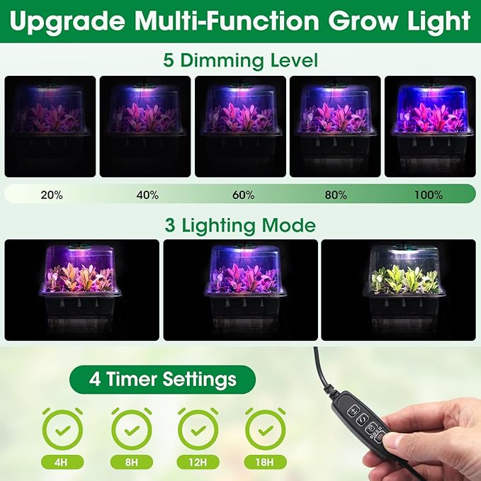 MQUPIN Self Watering Seed Starter Tray with Grow Light,5 Pack/60 Cells Seed Starter Kit with Timing,Humidity Domes,Thicken Tray, Heightened Lids for Greenhouse Seeds Growing Starting