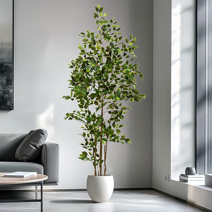 Artificial Ficus Tree Indoor 7ft, Large Potted Faux Tree with Realistic Silk Leaves & Trunk for Home Office, Living Room Corner Decor