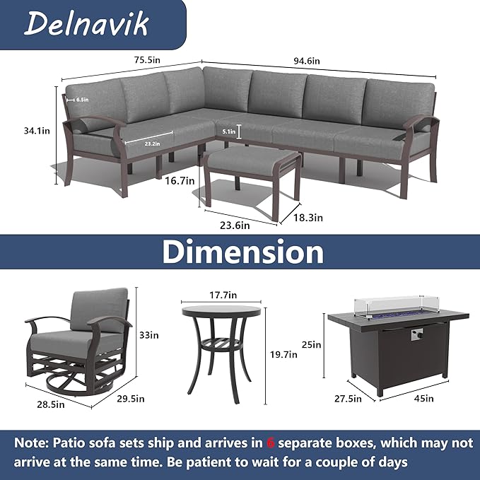 Kurapika Patio Furniture Set 10-Piece Aluminum Sectional Sofa with Armrest, Modern Outdoor Conversation Set w/55000 BTU Propane Fire Pit Table, Metal Corner Sofa with Ottoman, Grey