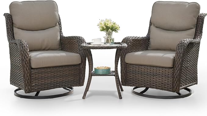 HUMMUH High Back Outdoor Swivel Rocker Patio Chairs Set of 2, with 5-Inch Thick Cushions and Side Table,All-Weather Patio Furniture for Porch,Poolside, Deck, and Yard
