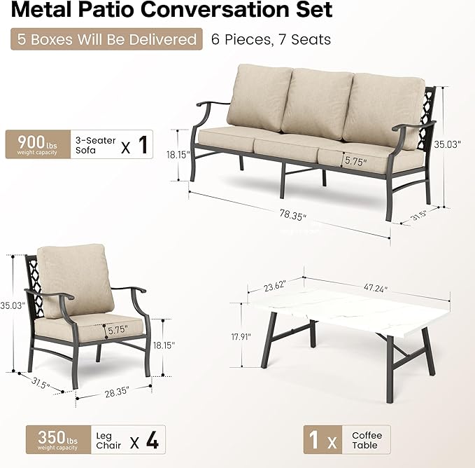 6 Piece Metal Outdoor Patio Furniture Set, Patio Conversation Sets 1 3-Seater Sofa, 4 Fixed Chairs with 5.75" Thick Cushion and Coffee Table, Backyard Furniture Set for Deck, Beige