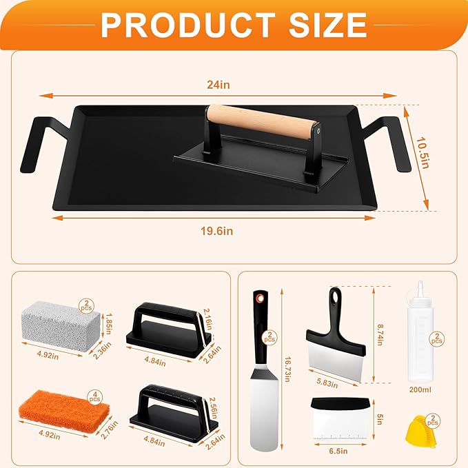 Maxdot 16 Pcs Grilling Accessories Kit Include 24'' x 10'' Carbon Steel Griddle, Grilling Accessory Toolkit and Griddle Cleaning Kit for Outdoor Gas Grill, Induction, Gas/Electric Stove and Oven